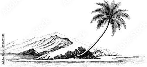 Tranquil island silhouette with palm tree for nature themes and design