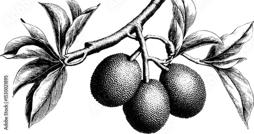 Intricate dotwork tattoo style jackfruit on branch illustration for design