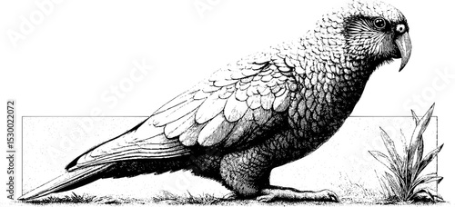 Kakapo parrot with textured feathers on ground: nature and wildlife art for conservation awareness