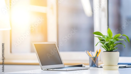 Wallpaper Mural Laptop and plant on a white desk near a window with bright sunlight shining through it Torontodigital.ca