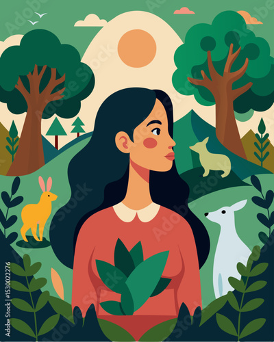 She cant shake off the feeling of being watched even in the solitude of nature as though the trees and animals all have eyes trained on her.. Vector illustration