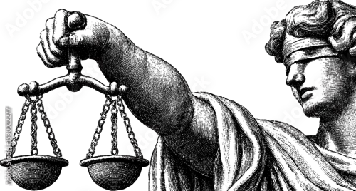 Obraz Blindfolded justice holding scales and gavel - dotwork representation of law and balance