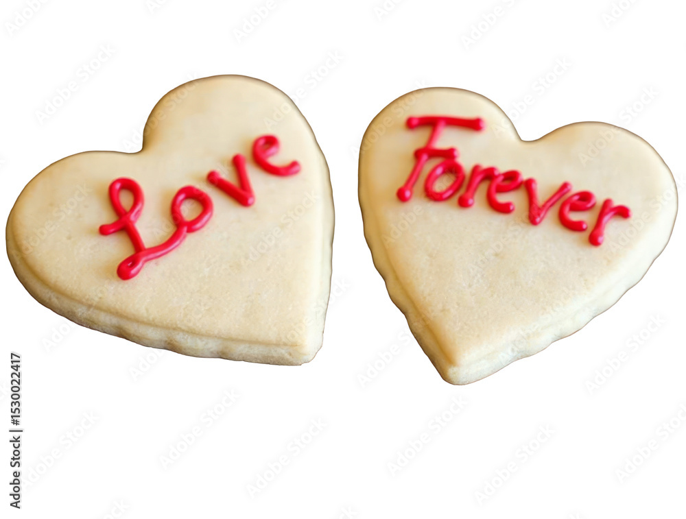 Two Heart-Shaped Cookies with “Love” and “Forever” Written in Icing, Placed on a Wooden Table Two Heart-Shaped Cookies with “Love” and “Forever” Written in Icing, Placed on a Wooden Table