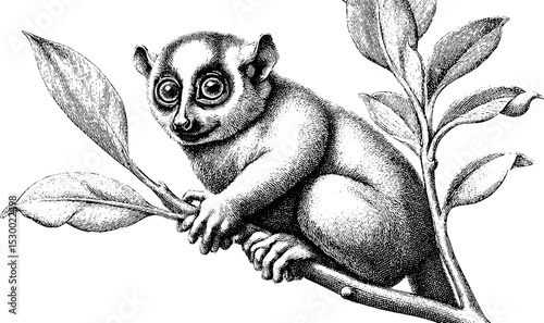 Loris clinging to branch with large eyes dotwork art design for nature print