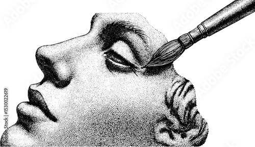 Artistic silhouette of face with makeup brush and palette in dotwork style