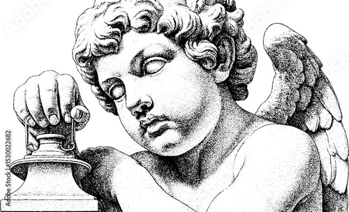 Marble cherub statue with lantern in dotwork style for artistic tattoo design