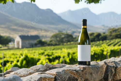  Wine bottle mockup in scenic South African vineyard with mountains and rustic farmhouse in background