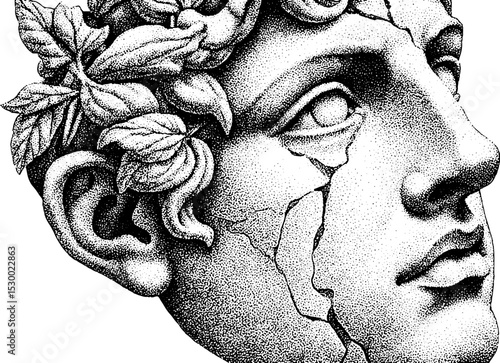 Marble head sculpture with cracks and moss accents for artistic design and decor inspiration
