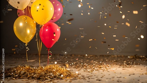 Balloons of various colors with confetti falling in a festive celebration scene
