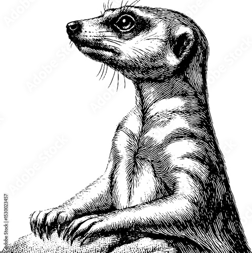 Meerkat standing upright on rock mound in intricate dotwork style, ideal for tattoo designs