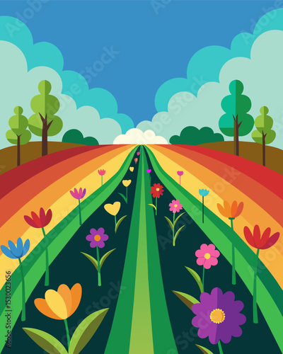 A field of rainbowcolored wildflowers planted between rows of crops to attract beneficial insects and prevent the need for chemical pesticides.. Vector illustration
