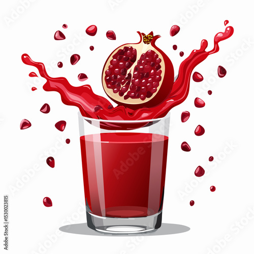 A glass of pomegranate juice splashing upward in a bold wave against a deep red background.