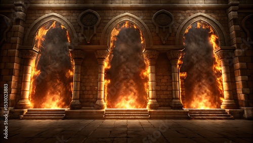 Three arches ablaze with fire and smoke in a stone structure with steps leading up