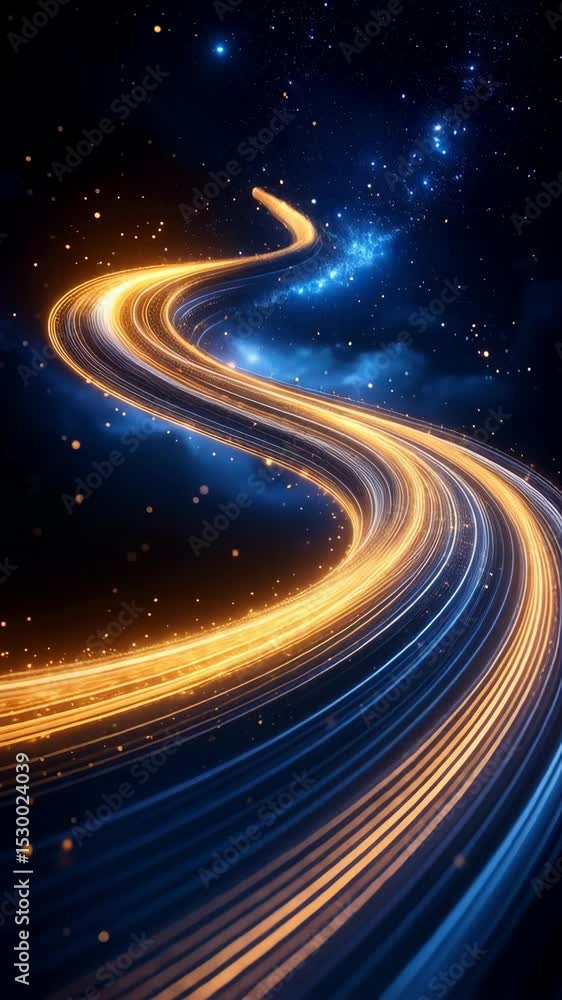 Swirling trail of light streaks moving through the night sky with glowing stars and digital effect, creating dynamic energy Swirling trail of light streaks moving through the night sky with glowing stars and digital effect, creating dynamic energy
