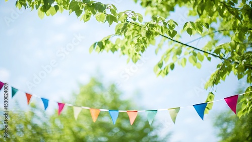 Colorful triangular bunting hanging outdoors with green trees and a blue sky above it