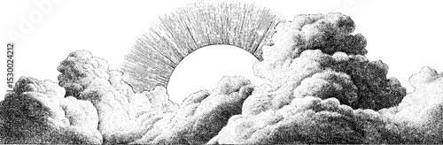 Moonrise behind cloud bank with dotted shading - atmospheric night sky illustration