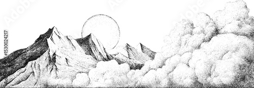 Moonrise over mountain peaks and cloud bank with intricate dotted shading
