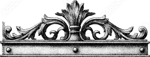Ornate iron gate panel with riveted scrollwork design for architectural decor