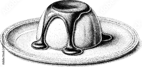 Delicious panna cotta with caramel drizzle in dotwork style for dessert inspirations