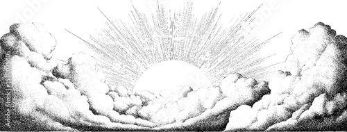 Vintage dotwork sun and cloud illustration with radiant sunrays for decorative design