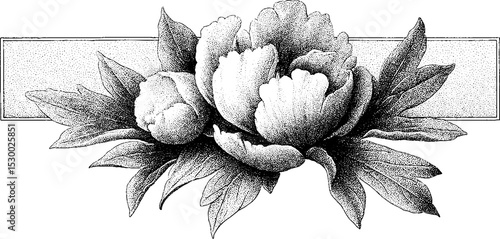 Intricate peony and leaf dotwork design with serrated edges for tattoo art