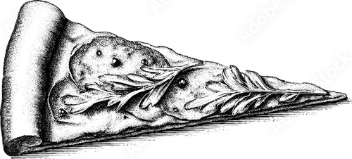 Dotwork pepperoni pizza slice with seasoning flecks for tattoo design