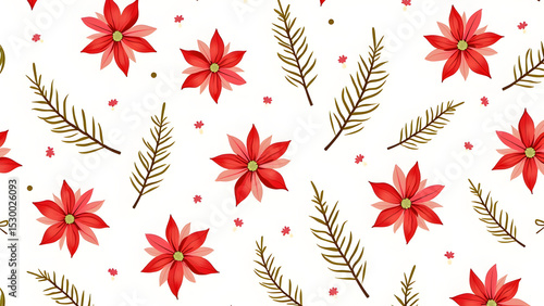 Wintery Seamless Pattern Featuring Poinsettia Flowers and Pine Branches