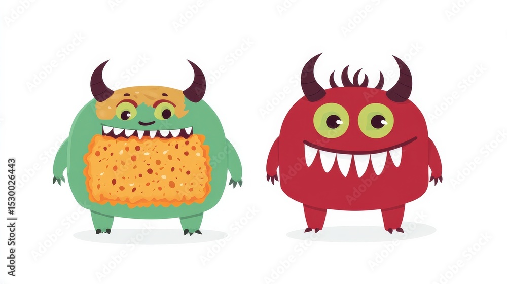 Cute Cartoon Monsters Duo Green and Red Characters, illustration, fantasy Cute Cartoon Monsters Duo Green and Red Characters, illustration, fantasy