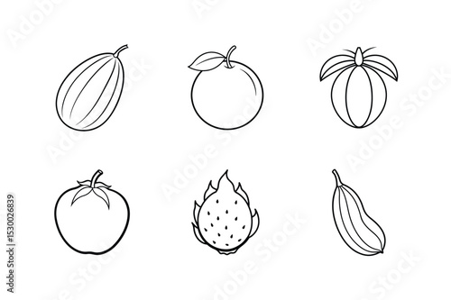 Tropical and garden fruits line drawing collection in set format vector illustration.
