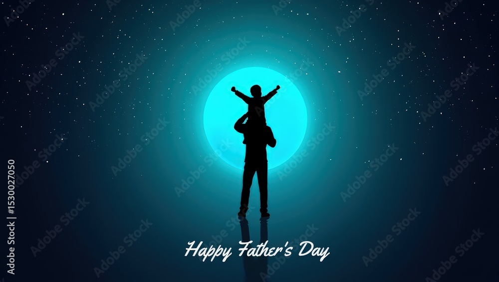 Fototapeta premium Happy father's day banner with Silhouette son is riding his father is neck at blue full moon night time vector design