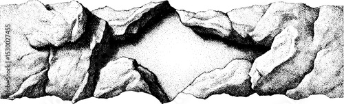 Intricate rock fissure with shadowed crevice dotwork for artistic print design