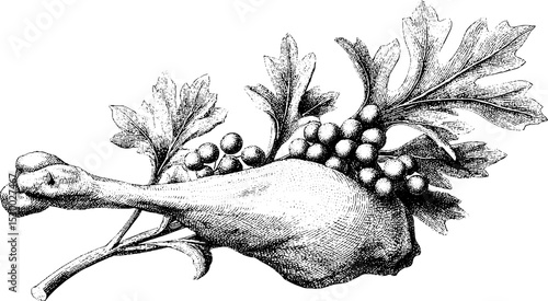 Roast chicken leg with herb garnish tattoo dotwork design for culinary art lovers