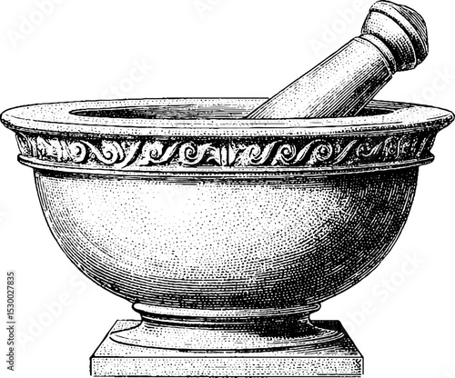 Rustic stone mortar and pestle with chisel design for kitchen or apothecary use
