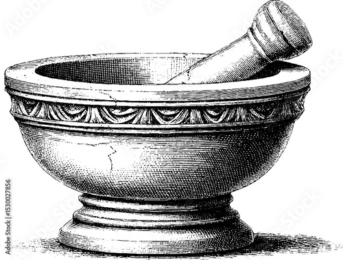 Rustic stone mortar and pestle with chisel for traditional cooking and grinding