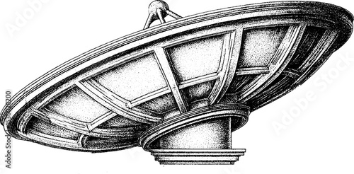 Detailed engraving of a satellite dish with rib structure oriented skywards