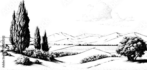 Tranquil desert landscape with sparse crops and distant mountains ideal for nature art
