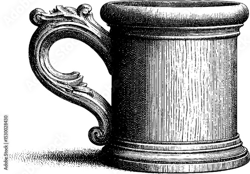 Shaker style wooden mug with pegged handle dotwork design for vintage decor