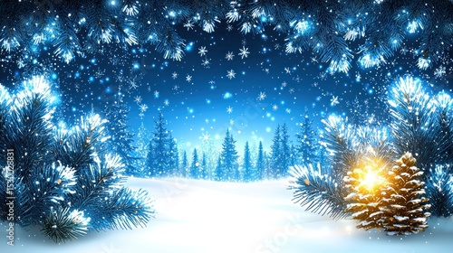A winter wonderland scene with snow-covered pine trees, illuminated by a soft glow, and a golden pinecone in the foreground.  Falling snowflakes add to the magical ambiance