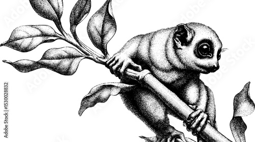 Slender loris with cautious posture climbing vine in detailed art style