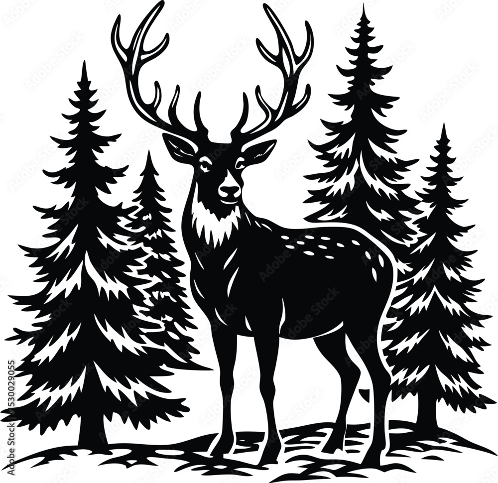 Fototapeta premium Majestic Deer in Pine Forest A Striking Black and White Illustration