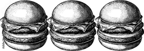 Trio of hand drawn burger sliders on mini buns with visible patties - vintage design for menu or label