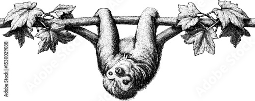 Dotwork style tattoo of sloth hanging upside down from vine with leaves