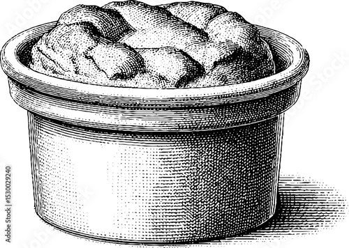 Gourmet soufflé rising in ramekin dotwork illustration for culinary art