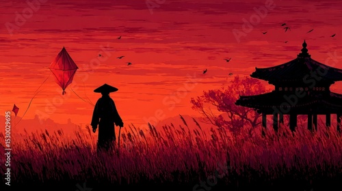 Sunset Silhouette of Person with Kite and Pavilion