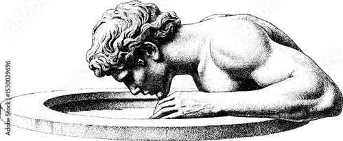 Classical statue of narcissus gazing into a reflective pool for mythological concepts