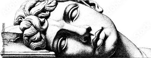 Dotwork art of reclining sphinx with human face for classical design and decor
