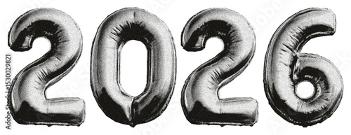 Year 2026. Foil balloons shaped like the numbers 2, 0, and 6. New Year 2026. Celebration, party, invitation. Christmas night. Torn edges effect. Modern grunge style and collage design
