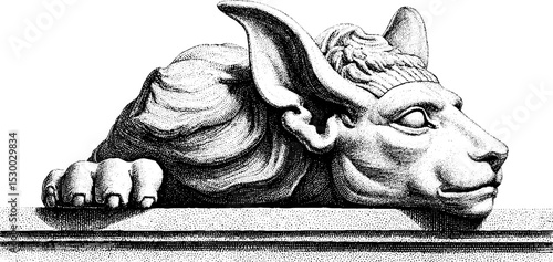 Dotwork art of reclining sphinx with human face
