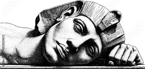 Reclining sphinx statue with human face in dotwork art style