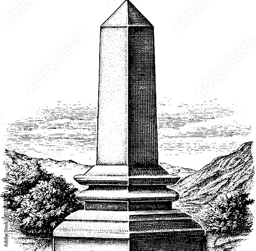 Historic stone garden obelisk with carved inscription in serene landscape scene